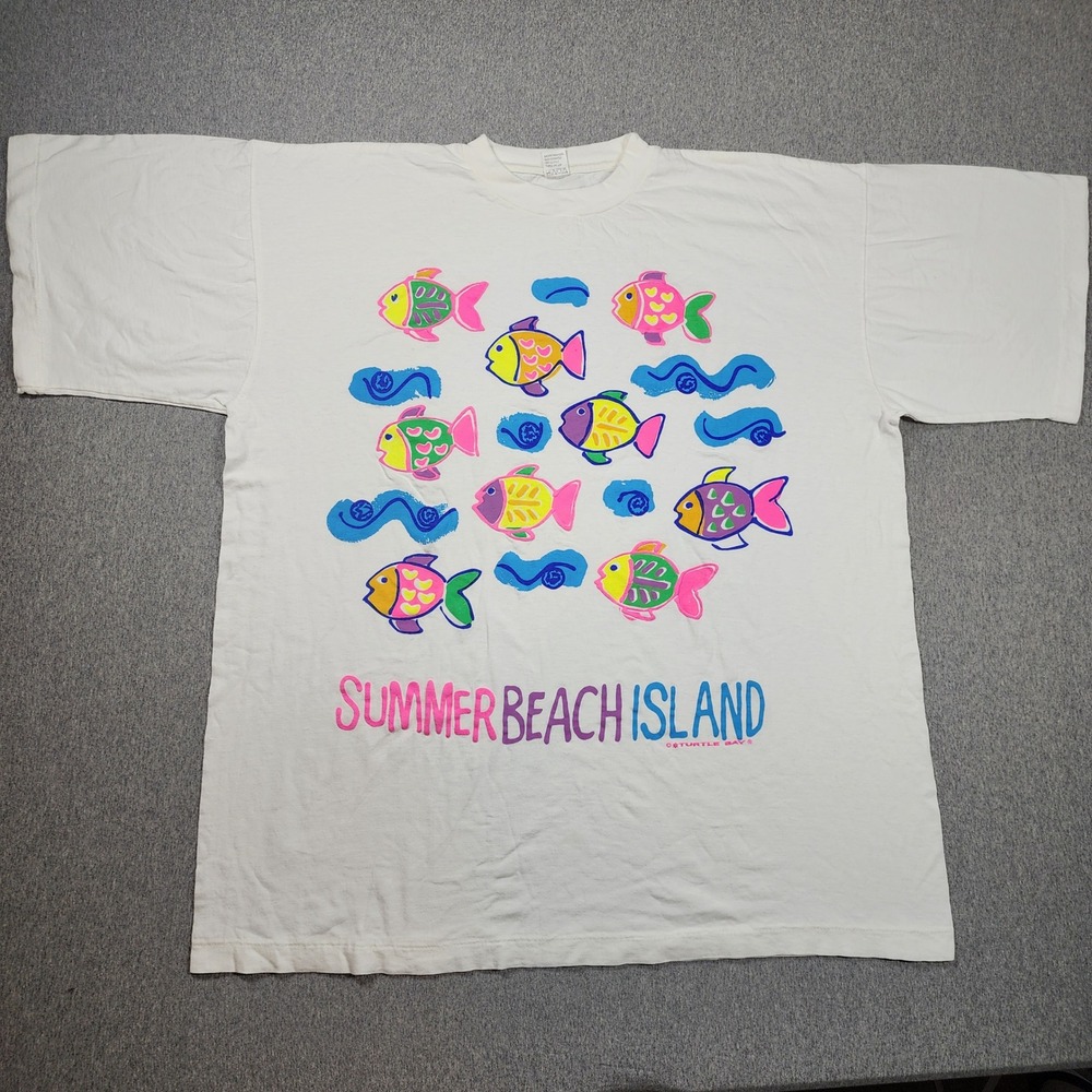 Pro Age T-Shirt Mens XXL White Good Summer Beach Island Neon Fish Vintage 90s